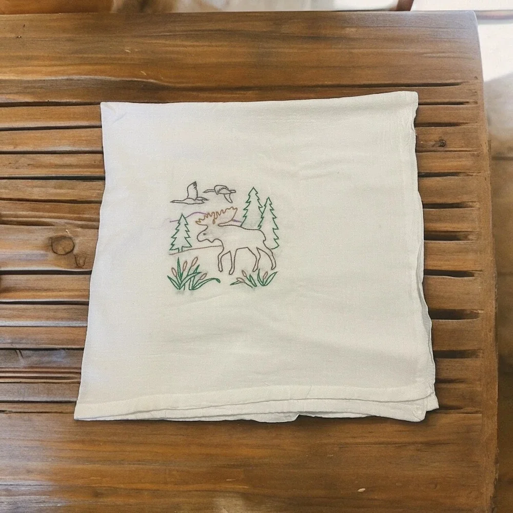 Lot Of‎ 2 Hand Embrodered Cheese Cloth Towels With Deer & Geese Scene